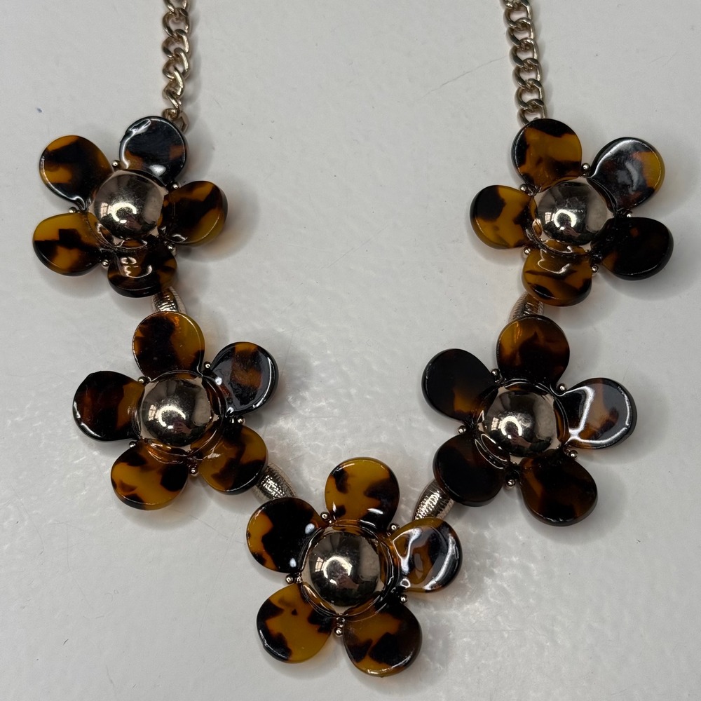 Necklace Animal Print Flower Gold Tone Costume Jewelry Black & Brown Daisy